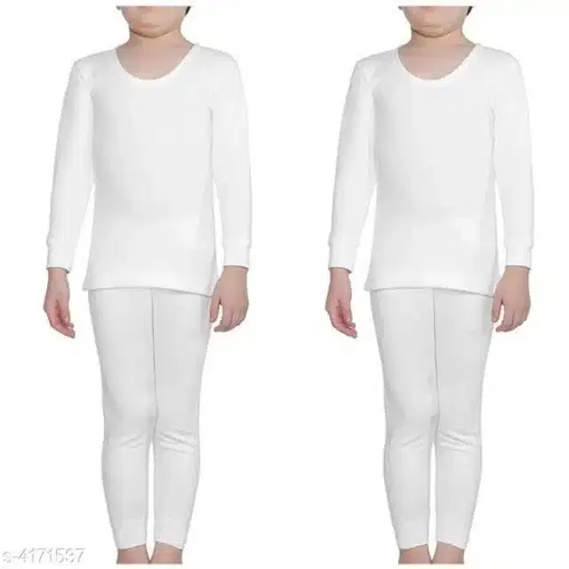 Cotton Blend Thermals Set for Kids, Set of 2 (White, 1-2 Years)