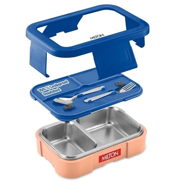 Milton Ethan 2 Inner Stainless Steel Tiffin Box for School, 2 Partition, Steam Release Plug | PU Insulated, Leak-Proof, Food Grade I Lunch Box for Kids Boys, Girls with Snap Lock Lid, 650 ml, Dark Blue