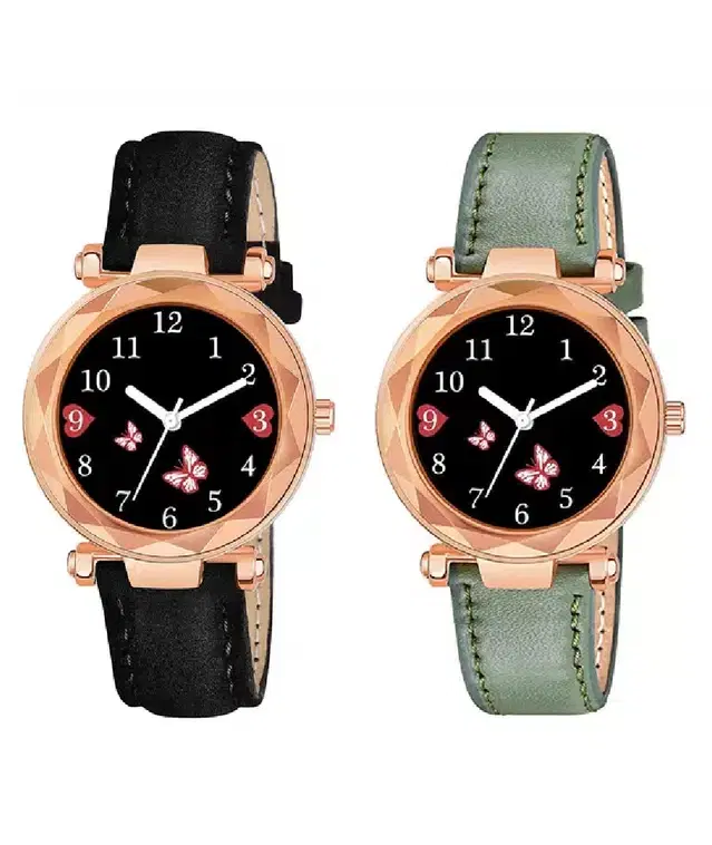 Designer Leather Analog Watch for Women & Girls, Pack of 2 (Black & Green)