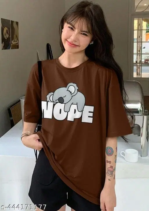 Cotton Blend Printed T-shirt for Women, Brown (XL)