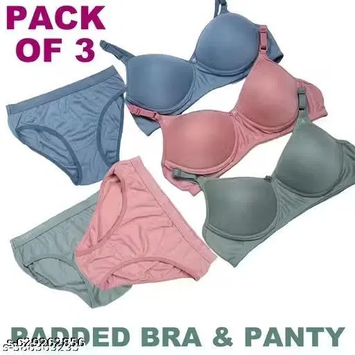 Cotton Solid Bra & Panty Set for Women & Girls, Multicolour, Pack of 3 (30B)
