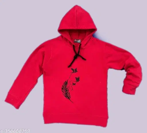 Cotton Blend Printed Hoodie for Girls (Red, 3-4 Years)
