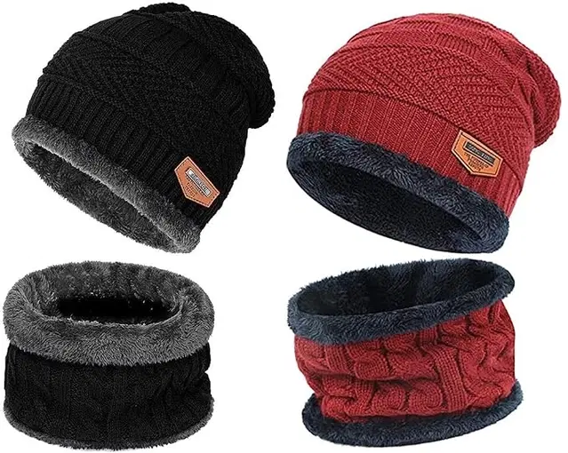 Woolen Cap with Neck Warmer for Men & Women, Pack of 2 (Black & Red)