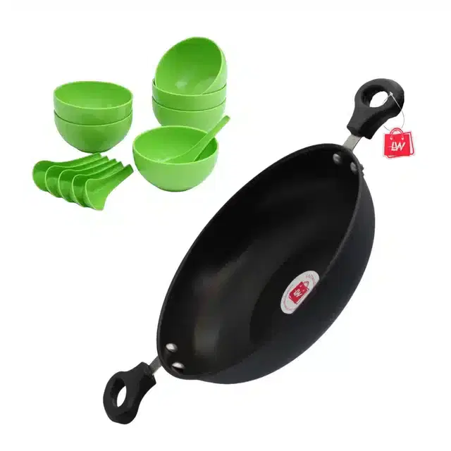 Non-Stick Kadhai & 6 Pcs Plastic Soup Bowl with 6 Pcs Spoons Set, Green & Black, 1500 ml
