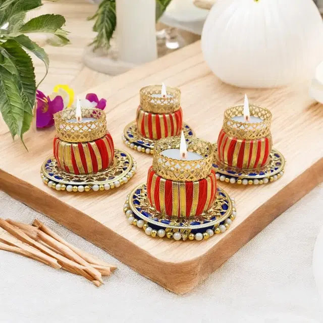 Metal Designer Tealight Candle Holder, Red, 8x8x6 cm, Pack of 4