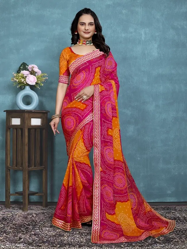 Georgette Bandhini Saree for Women, Pink