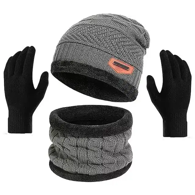 Beanie Cap with Neck Warmer & Gloves for Unisex, Set of 3 (Grey & Black)