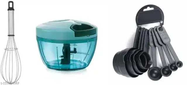 Whisk with Manual Chopper & 8 Pcs Measuring Cups Set, Multicolor, Set of 3