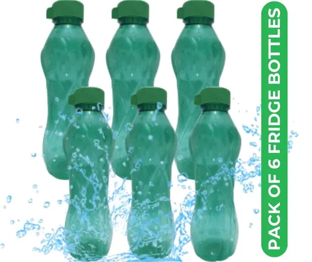 Plastic Water Bottles, Green, 1000 ml, Pack of 6