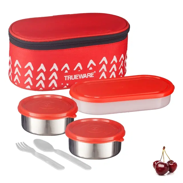 Trueware Elite Stainless Steel 3 Containers Lunch Box, 2x300 ml, 1x500 ml with, 2 Pcs Spoons & Bag, Red, Set of 1
