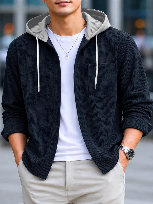 Solid Hooded Shirt for Men (Navy Blue, S)