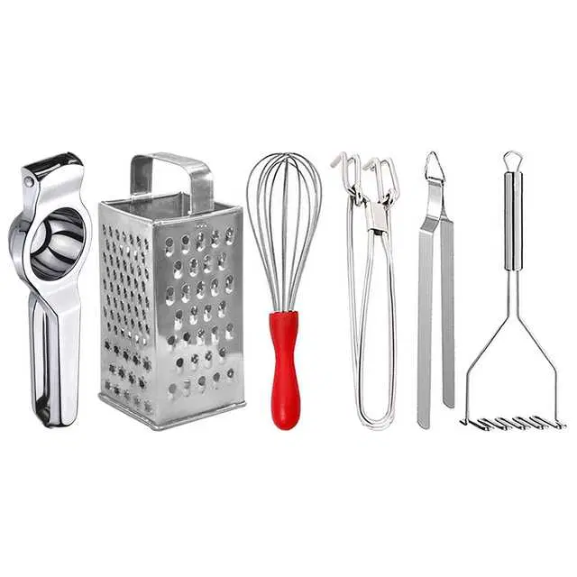 Oc9 Stainless Steel Lemon Squeezer & 4 in 1 Grater Or Slicer & Egg Whisk & Pakkad & Roti Chimta & Potato Masher Kitchen Tool Set, O-162