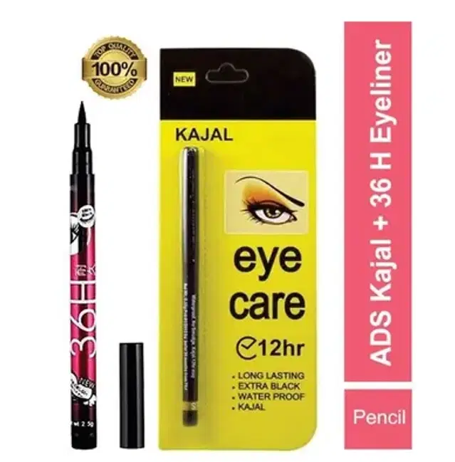 Ads Kajal with 36h Eye Liner, Black, Set of 2