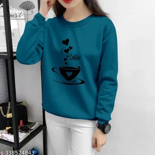 Cotton Printed Sweatshirt for Women (Teal, S)