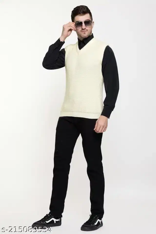 Woolen Sleeveless Sweater for Men (White, M)