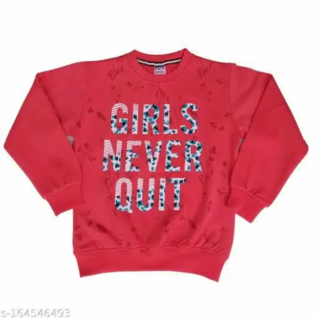 Fleece Printed Full Sleeves Round Neck Sweatshirt for Girls (Coral, 3-4 Years)