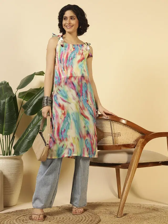 Tie Up Georgette Kurti for Women (Multicolor, XS)