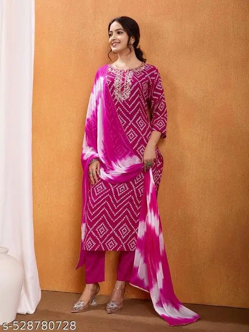 Bandhani Printed Rayon Kurta Set with Zari Embroidery & Nazmin Dupatta for Women (Pink, M)