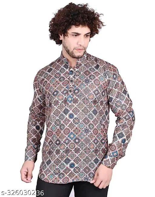 Cotton Blend Printed Short Kurta for Men, Multicolor (M)