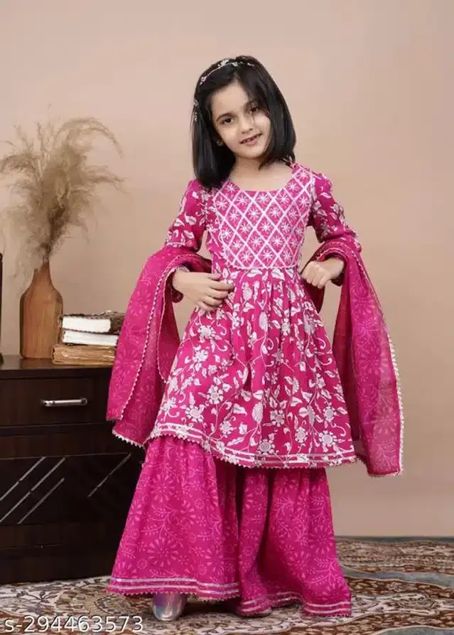 Rayon Printed Kurti with Dupatta & Sharara for Girls (Pink, 5-6 Years)