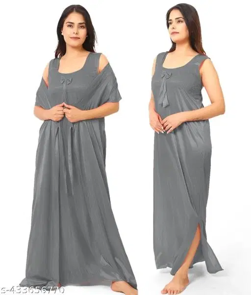 Satin Soft & Attractive Nightdress for Women & Girls , Grey (M)
