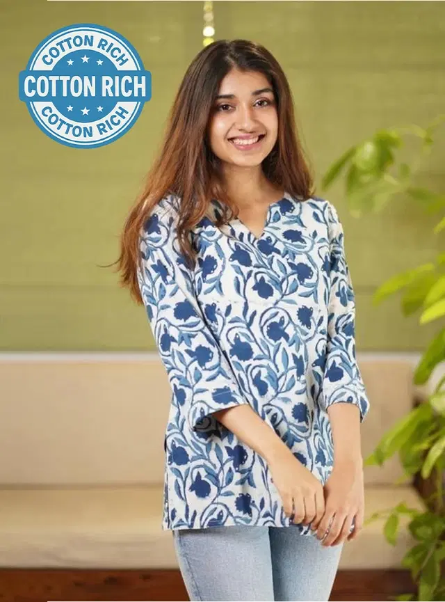 Cotton Blend Floral Print Short Kurti for Women, Blue (M)