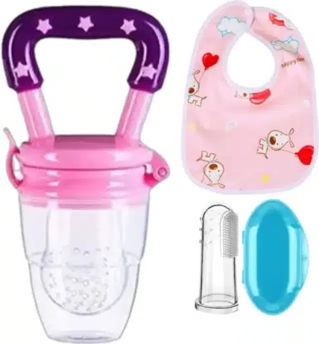 Silicone Fruit Feeder with Finger Brush & Bib for Kids, Multicolor, Set of 3