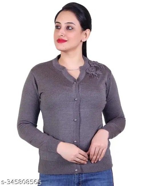 Acrylic Solid Sweater for Women (Grey, M)