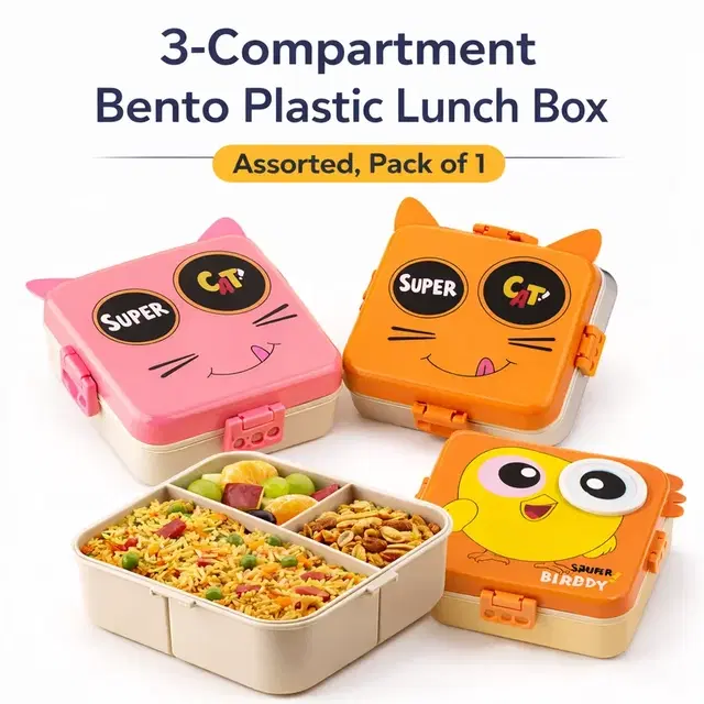 3-Compartment Bento Plastic Lunch Box (Assorted, Pack of 1)