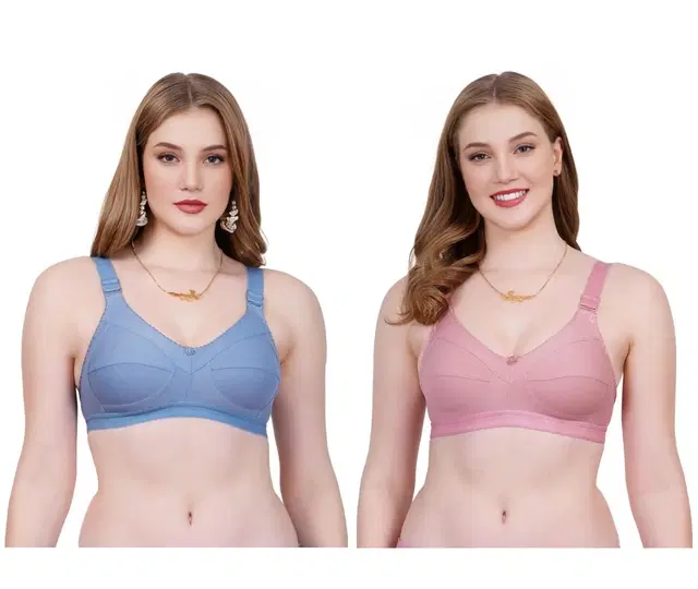 Cotton Blend Solid Non Padded Bras for Women, Pack of 2 (Multicolor, 44C)