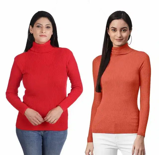 Full Sleeves High Neck Sweater for Women, Pack of 2 (Red & Orange, S)