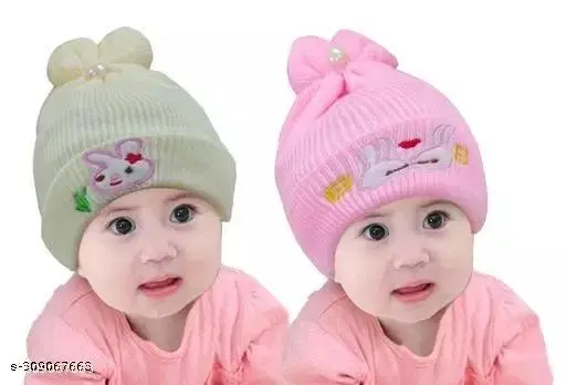Woolen Caps for Kids, Pack of 2 (Multicolor, 0-3 Months)