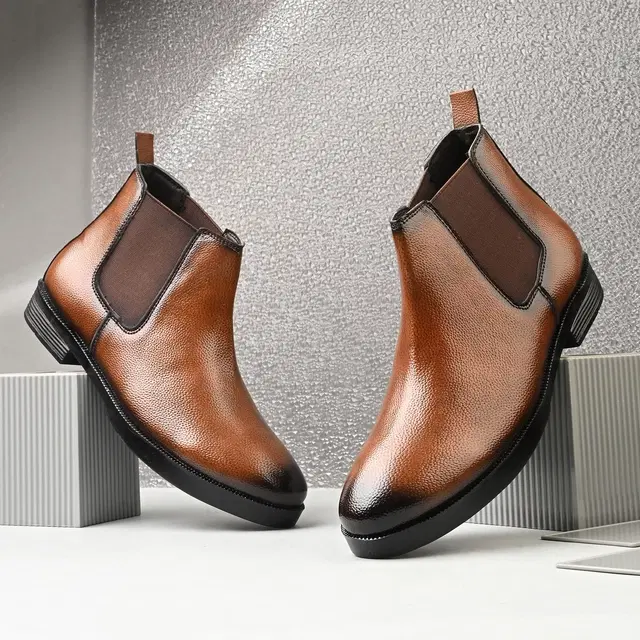 Solid Heeled Boots for Men, Synthetic Leather (Tan, 6)