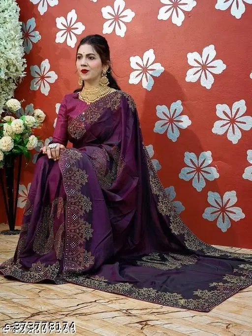 Vichitra Silk Solid Saree For Women, Purple