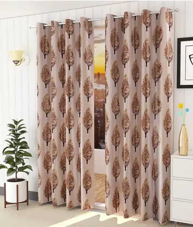 Polyester Printed Window & Door Curtains, Pack of 2, Brown, 7 feet