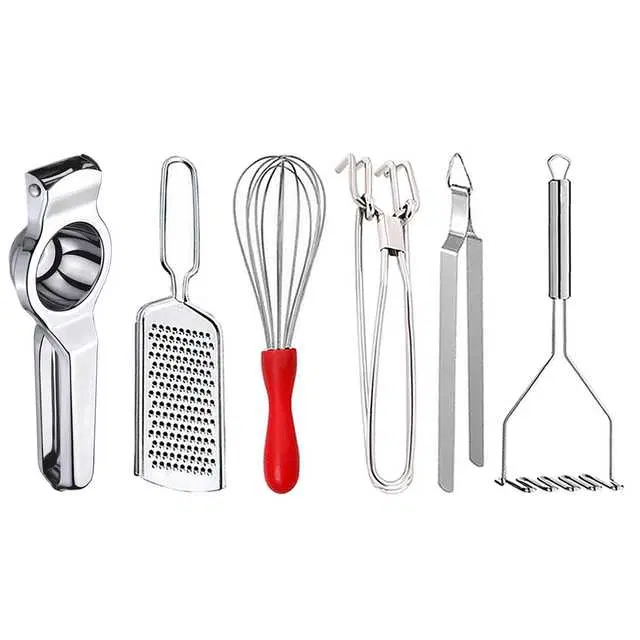 Oc9 Stainless Steel Lemon Squeezer & Cheese Grater & Egg Whisk & Pakkad & Roti Chimta & Potato Masher Kitchen Tool Set, O-136