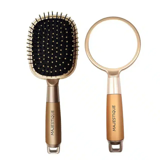 Majestique with Gold Finesse Single Side Make-Up Handheld Mirror with Flat Hair Brush, Combo of 2, B-51