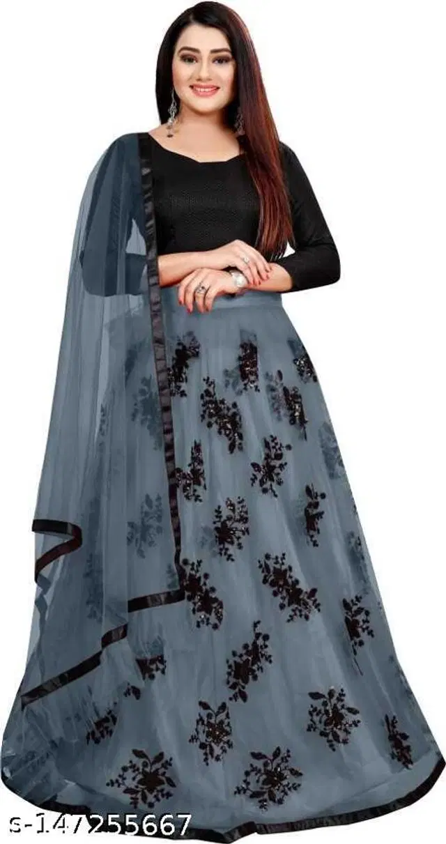 Net Lehenga with Choli & Dupatta for Women (Grey & Black, Free Size)