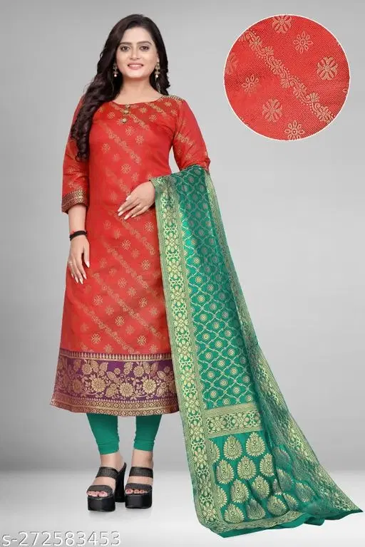 Jacquard Printed Kurti with Dupatta for Women (Red & Green, M)
