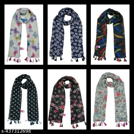 Poly Chiffon Printed Scarves for Women, Pack of 6 (Multicolor, 1.75 m)