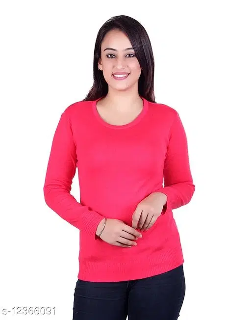 Acrylic Solid Sweater for Women (Dark Pink, L)