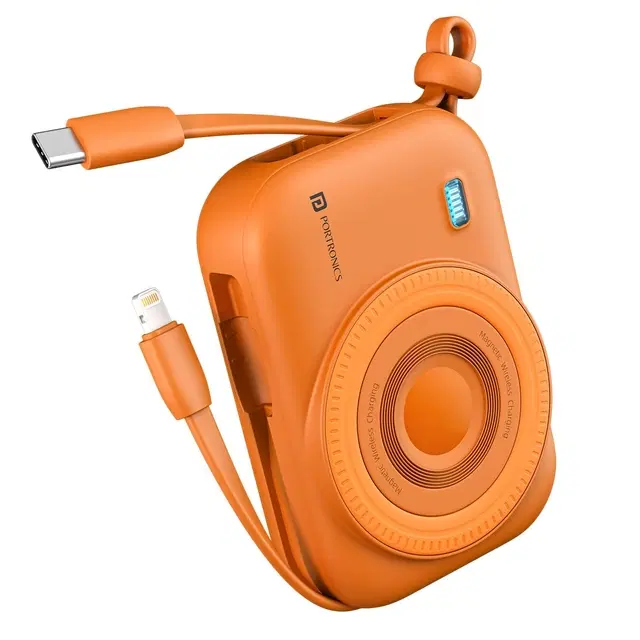 Portronics Power Shutter 10000mAh 15w Magnetic Wireless Fast Charging Powerbank With in-Built Type C & 8 Pin Cable, 22.5w Type C Pd Output, Type C Bidirectional Port, Led Display (Orange)