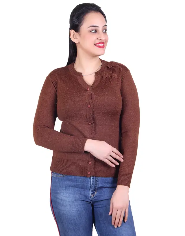V Neck Solid Cardigans for Women (Brown, L)