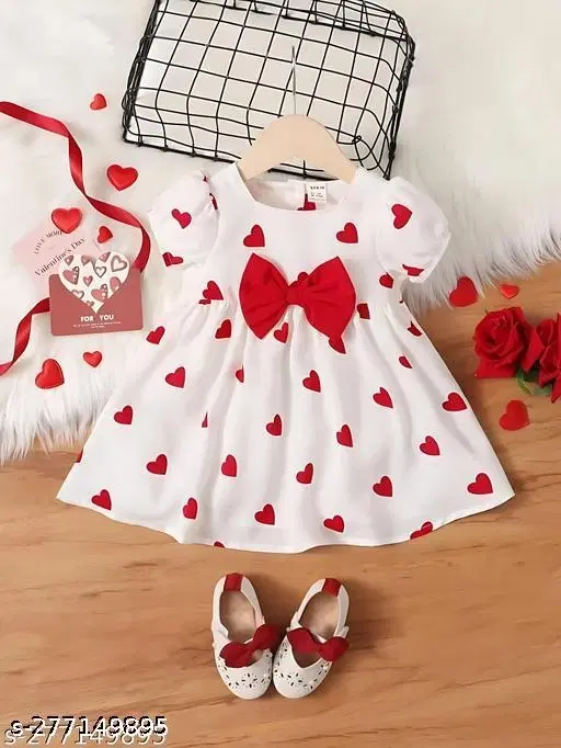Heart Print Fit-and-Flare Dress for Girls (White, 0-1 Years)