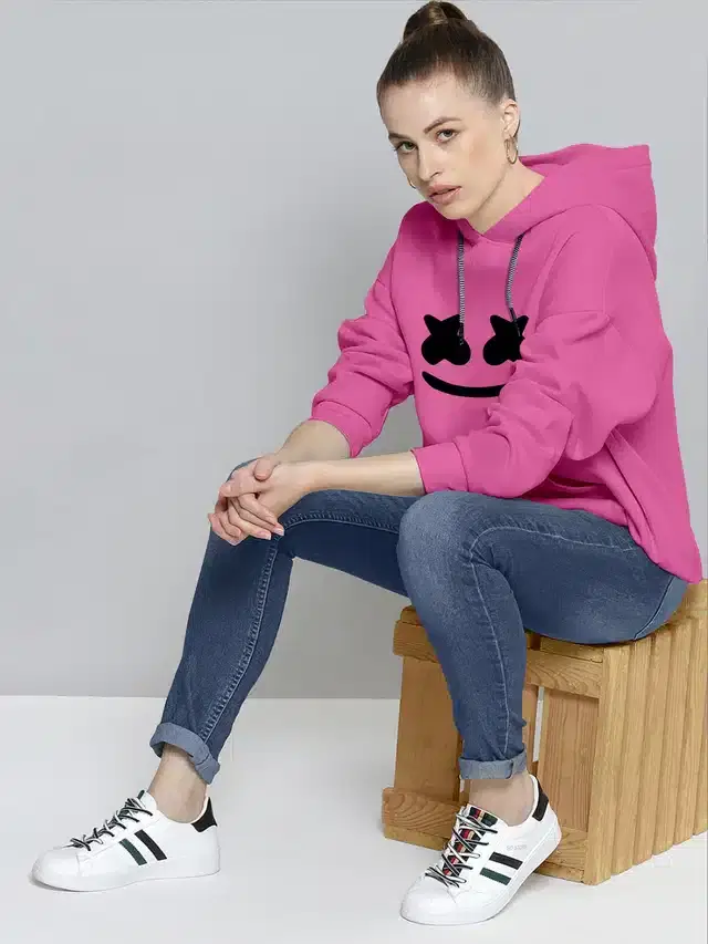 Full Sleeves Printed Hoodie for Women (Pink, S)
