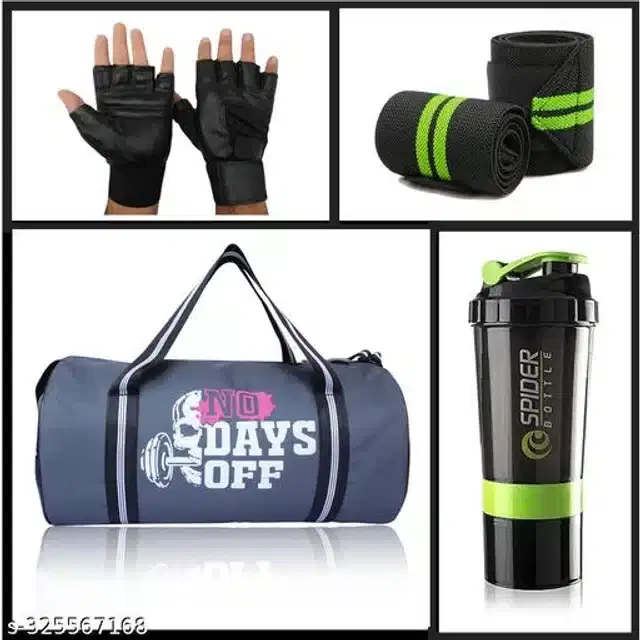 Combo of Gym Bag with Shaker Bottle, 400 ml, Gloves & Wrist Support Bands, Multicolor, Set of 4