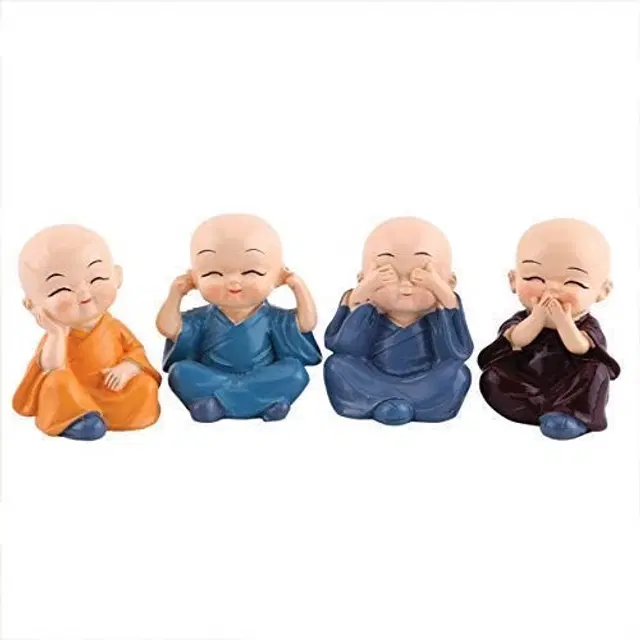 Polyresin Baby Monks Showpiece for Car Dashboard, Multicolor, Pack of 4