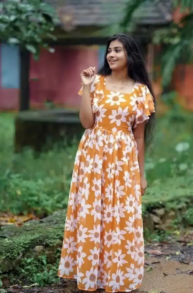 Women's Floral Print Flared Anarkali Gown (Yellow, M)