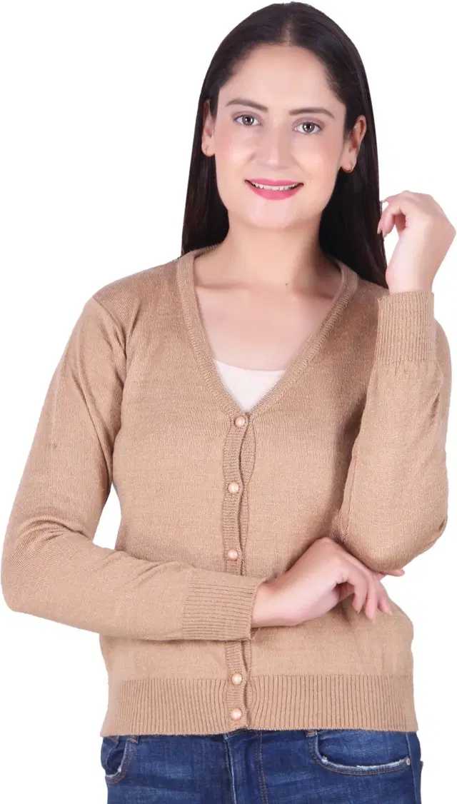 V Neck Solid Cardigans for Women (Tan, M)