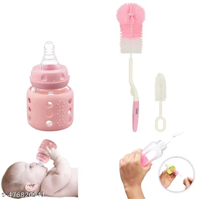 Combo of Milk Bottle, 60 ml with Bottle & Nipple Cleaning Brushes, Multicolor, Set of 3